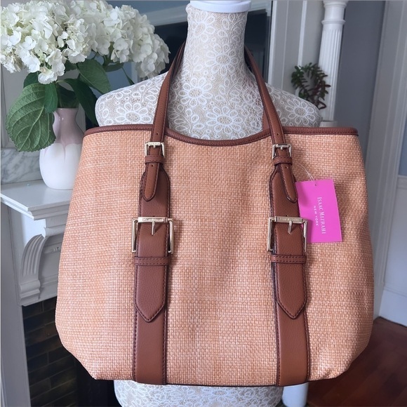 NWT ISAAC MIZRAHI “Lucille” Straw And Brown Leather Large Tote Bag - Picture 2 of 14
